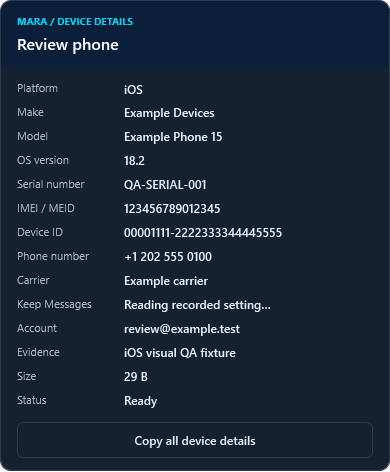 Actual Analyzer device details panel for a fictional review phone. Includes platform, model, OS version, account, evidence source, and Ready status.