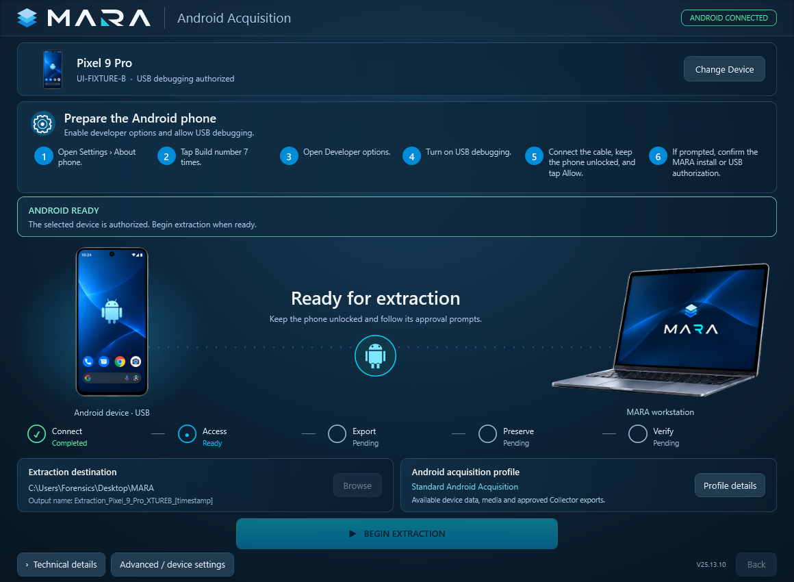 Android guidance — Windows application · V25.13.10. Android authorization has its own device instructions. Synthetic presentation fixture.