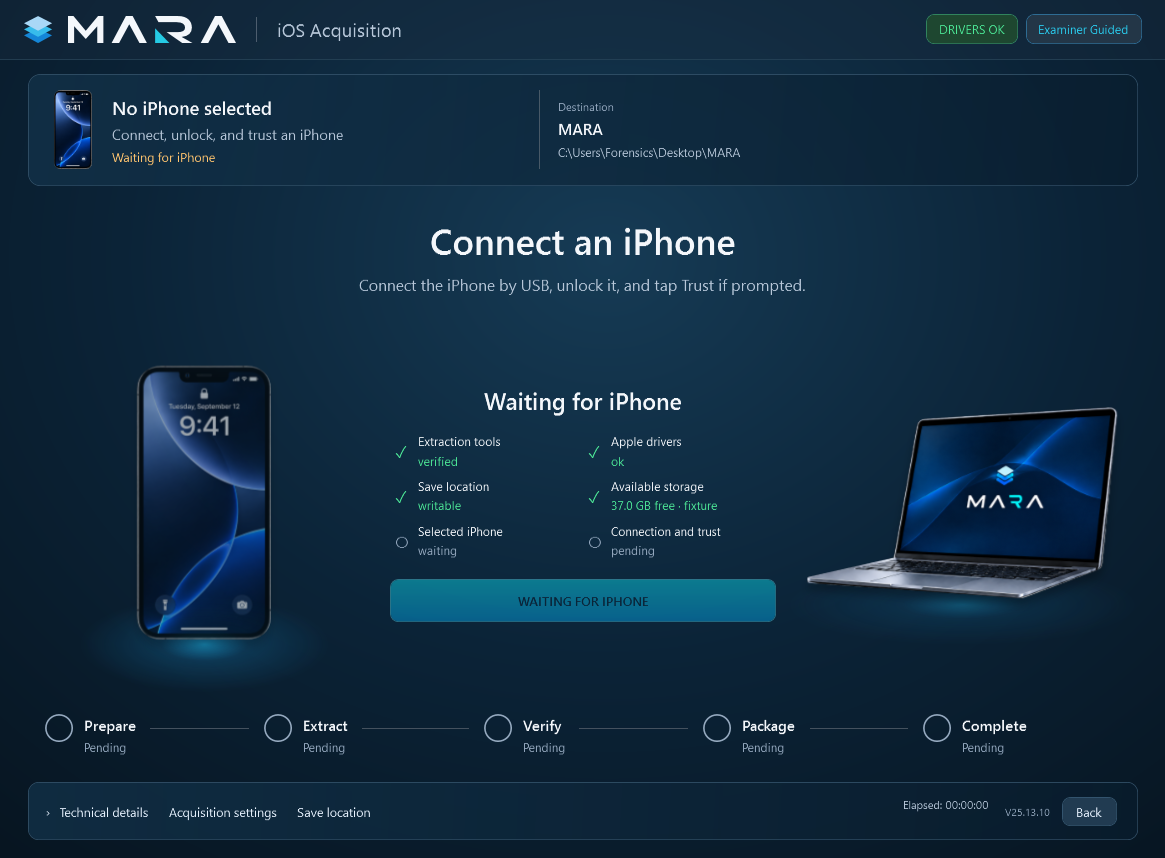 Waiting for iPhone — Windows application · V25.13.10. Guidance asks the custodian to connect by USB, unlock the phone, and trust the computer when prompted. Synthetic presentation fixture.